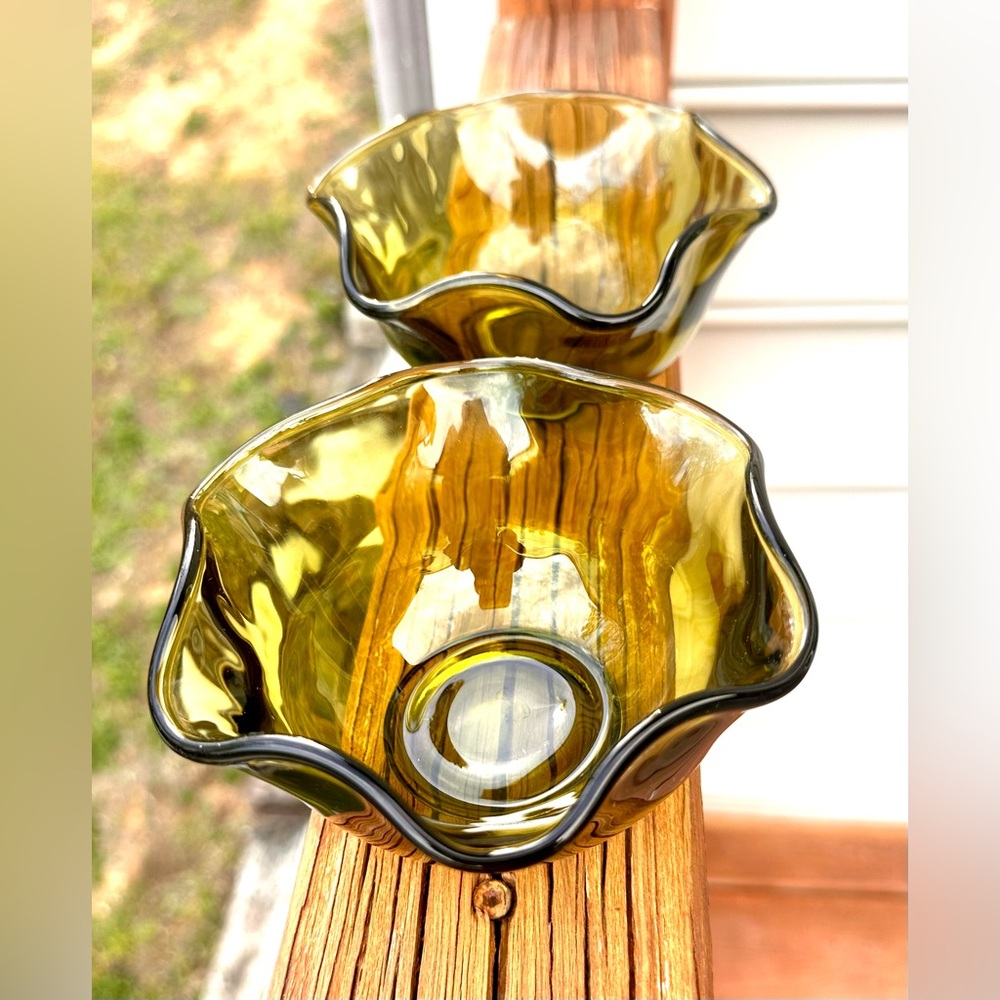 Vtg MCM Anchor Hocking Avocado Green Glass Dip/Nut/Candy Dish Bowls set of 2 - Picture 7 of 10